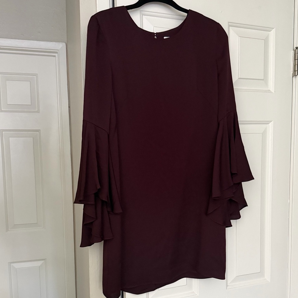MILLY Silk Dress Ruffle Bell Sleeve Shift Dress Size 4 Plum Purple Mini Cocktail - Picture 5 of 10